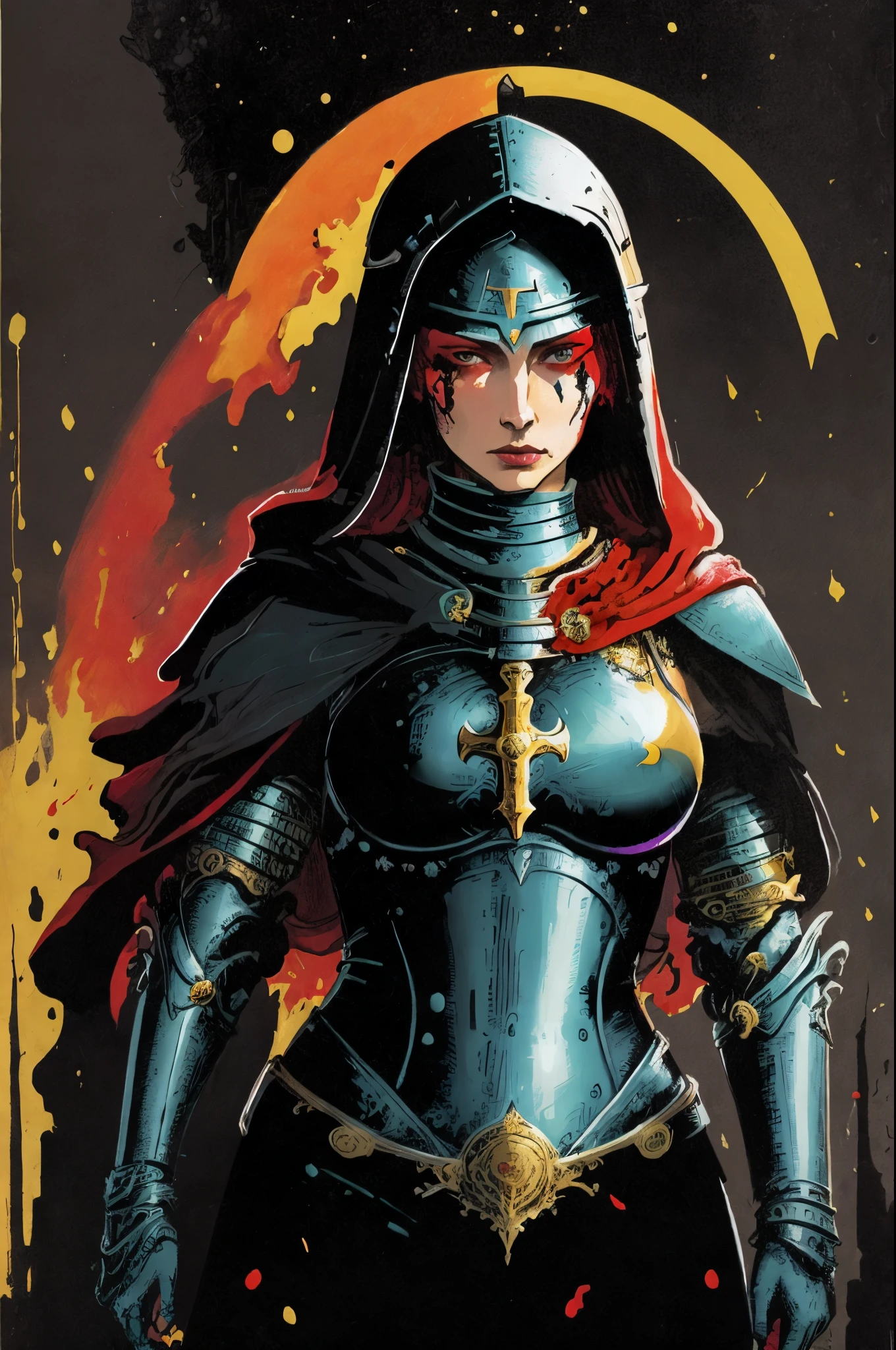 (masterpiece, best quality;1.3), 1woman, female focused, young, mature and tall, crusader, colorful and elegant armor,female_focus, bow, solo, looking at viewer, calligraphy characters, symmetrical composition, long shadow, cloody moon,blood splash, ultra details,no eyes, hood,