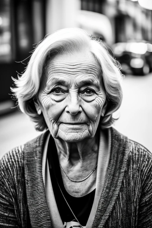 An elderly lady with wrinkles on her face in black and white