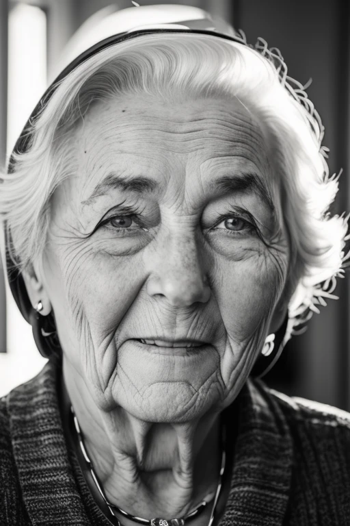 An elderly lady with wrinkles on her face in black and white