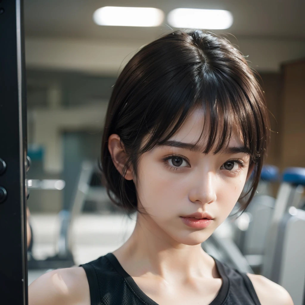 Japanese high school girl、sports gym、Gym Machine、T-shirt、Sweat、armpit, 1 girl, fine skin, short hair、looking at the viewer, , (realistic:1.4), (highest quality:1.0), (ultra high resolution:1.0), 8K, RAW photo, (masterpiece:0.2), gym background,