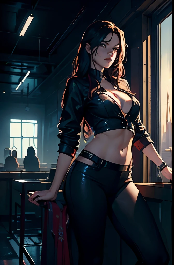 molly millions, ((Best Quality)), ((masterpiece)), (Cinematic aesthetics:1.4) Woman of about thirty years、Long、A sexy、Business Casual、full bodyesbian, gorgeous view, depth, high detail, digital art, painted by greg rutkowski, painted by seb mckinnon, trending on artstation
