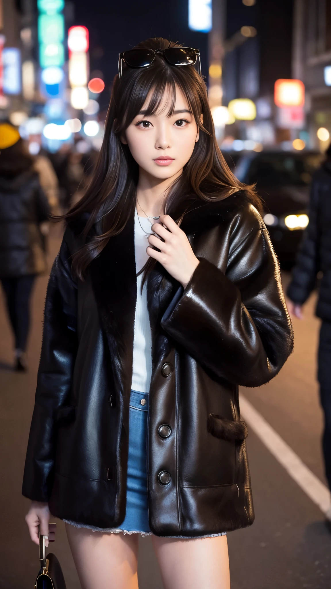 Best-quality, Masterpiece, Ultra-High-Resolution, (Photorealistic:1.4), Raw-Photo, 1girl, 18-years-old, the most famous Japanese actress, at midnight, smoking at HIROSHIMA street, wearing extremely luxurious fur-coat and sunglasses with stylish-design, extremely beautiful face like the most popular Japanese actress, extremely beautiful hair, extremely beautiful lips, extremely beautiful skins, perfect proportion, detailed midnight, detailed HIROSHIMA-street, detailed luxurious-fur-coat