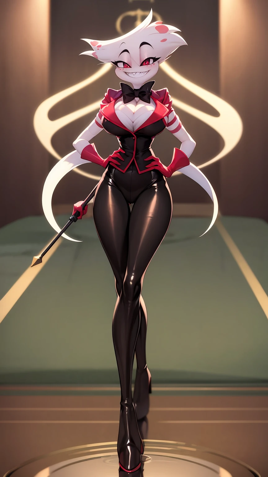 (best quality, masterpiece:1), furry, female, 1girl, anthro, angeldust, 4 arms, white cloths , thigh boots, gold tooth, huge chest tuft, choker, bowtie, , red gloves, grin, sharp teet hourglass figure, thick thighs, bubble butt, wide hips, *, pants, full, body, butler cloths, noble cloths,blending, reflection light, ray tracing, backlighting, bloom, blending, drop shadow, film grain, image fill, Fujicolor, halftone, motion lines, optical illusion, anaglyph, stereogram, speed lines, vignetting, scanlines, UHD, retina, masterpiece, ccurate, anatomically correct, textured skin, super detail, high details, high quality, award winning, best quality, highres, boots,refsheet, standing, full body, flipflops, pants, pantyhose, bodysuit,
