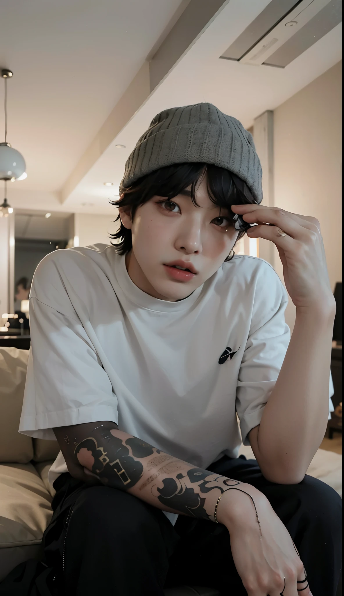 Man with a tattoo on his arm sitting on a sofa, Jungkook, cai xukun, Jinyoung Shin, pintar ulzzang, taejune kim, imagem de perfil, Jung Jaehyun, hyung tae, Hong junho hyung, Kim Doyoung, inspirado em Kun Can, jossi do blackpink, Taehyung comendo batatas fritas Gucci, Jimin, inspirado em jeonseok lee, Jungkook bts, Jungkook Jeon jung kook