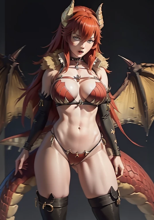 a close up of a drawing of a woman with red hair and a dragon, dragon noble character design, gothic, dragon anime girl, ((zentreya)), ((medium )), dragon tail, dragon wings, dragon horns, ((1woman)), 1slave,hained, bound, zentreya in shackles, standing, girl chained , chains, knees spread, frightened and embarrassed expression, crowded market place, market, orange hair, solo