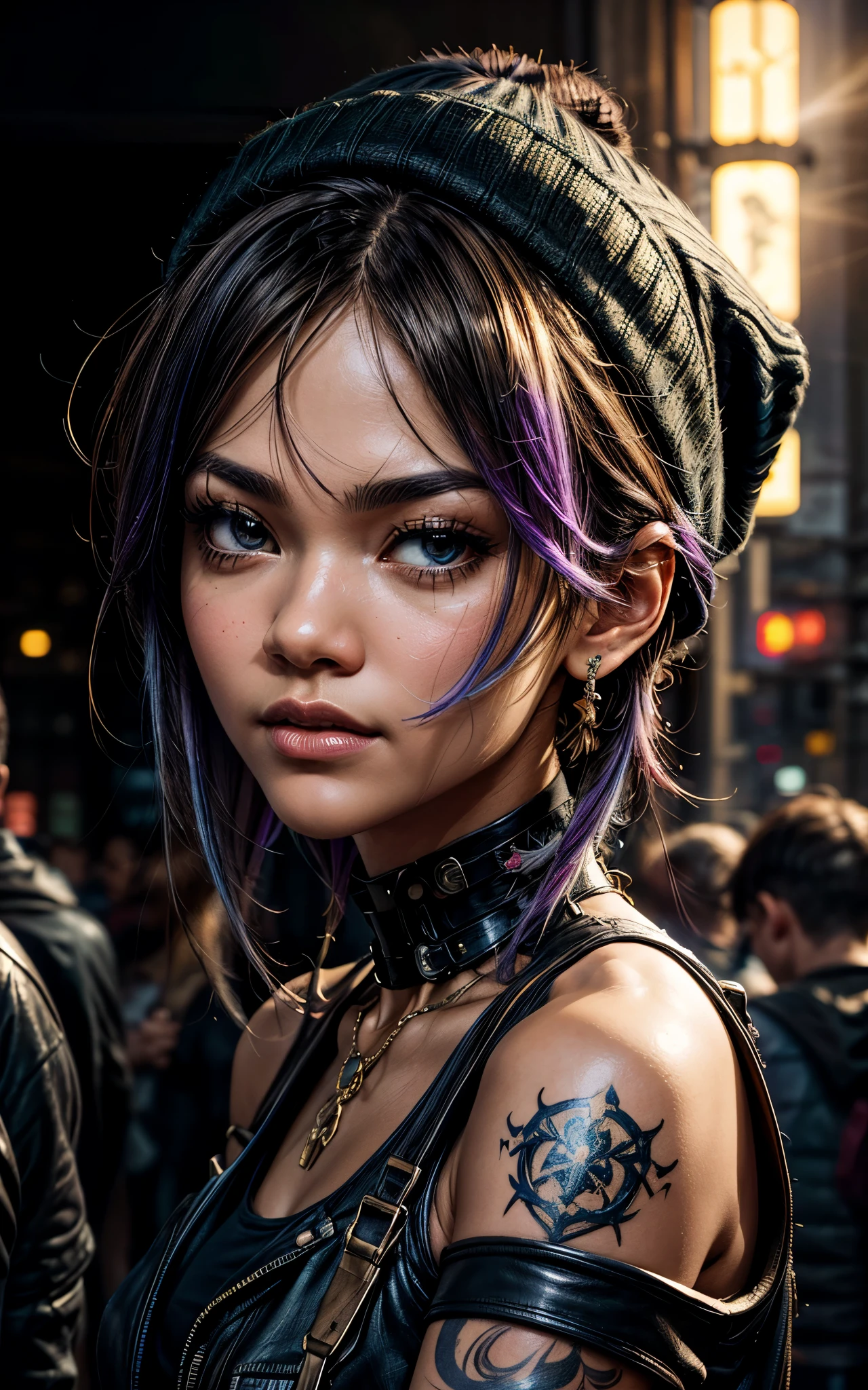 (zendaya), at the the Grand Central Terminal, cinematic, medium shot, whole head in frame, detailed face, detailed eyes, evening, punk aesthetic, pale blue ripped jeans, braces, suspenders, black boots, white shirt, skull, heart, necklace, chain, bullets, black leather jacket, dark blue beanie, tattoo sleeve, right arm, intricate design, flowers, yellowed skull, dyed hair, light purple roots, blue ends, navy T-shirt, rock, chick, messy hair, Full body, Beautiful anime waifu style girl,hyperdetailed painting, luminism, art by Carne Griffiths and Wadim Kashin concept art, dark background, abstract beauty, approaching perfection, pure form, golden ratio, minimalistic, dark atmosphere, unfinished, concept art, by Brian Froud and Carne Griffiths and Wadim Kashin and John William Waterhouse, intricate details, 8k post production, high resolution, hyperdetailed, trending on artstation, sharp focus, studio photo, intricate details, highly detailed, by greg rutkowski