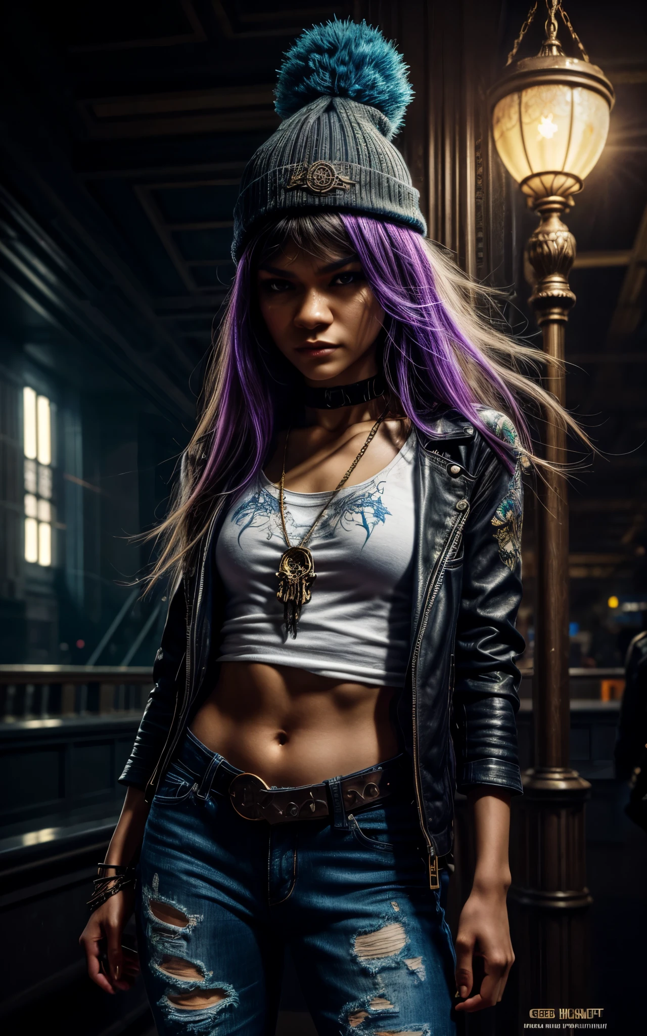 (zendaya), at the the Grand Central Terminal, cinematic, medium shot, whole head in frame, detailed face, detailed eyes, evening, punk aesthetic, pale blue ripped jeans, braces, suspenders, black boots, white shirt, skull, heart, necklace, chain, bullets, black leather jacket, dark blue beanie, tattoo sleeve, right arm, intricate design, flowers, yellowed skull, dyed hair, light purple roots, blue ends, navy T-shirt, rock, chick, messy hair, Full body, Beautiful anime waifu style girl,hyperdetailed painting, luminism, art by Carne Griffiths and Wadim Kashin concept art, dark background, abstract beauty, approaching perfection, pure form, golden ratio, minimalistic, dark atmosphere, unfinished, concept art, by Brian Froud and Carne Griffiths and Wadim Kashin and John William Waterhouse, intricate details, 8k post production, high resolution, hyperdetailed, trending on artstation, sharp focus, studio photo, intricate details, highly detailed, by greg rutkowski