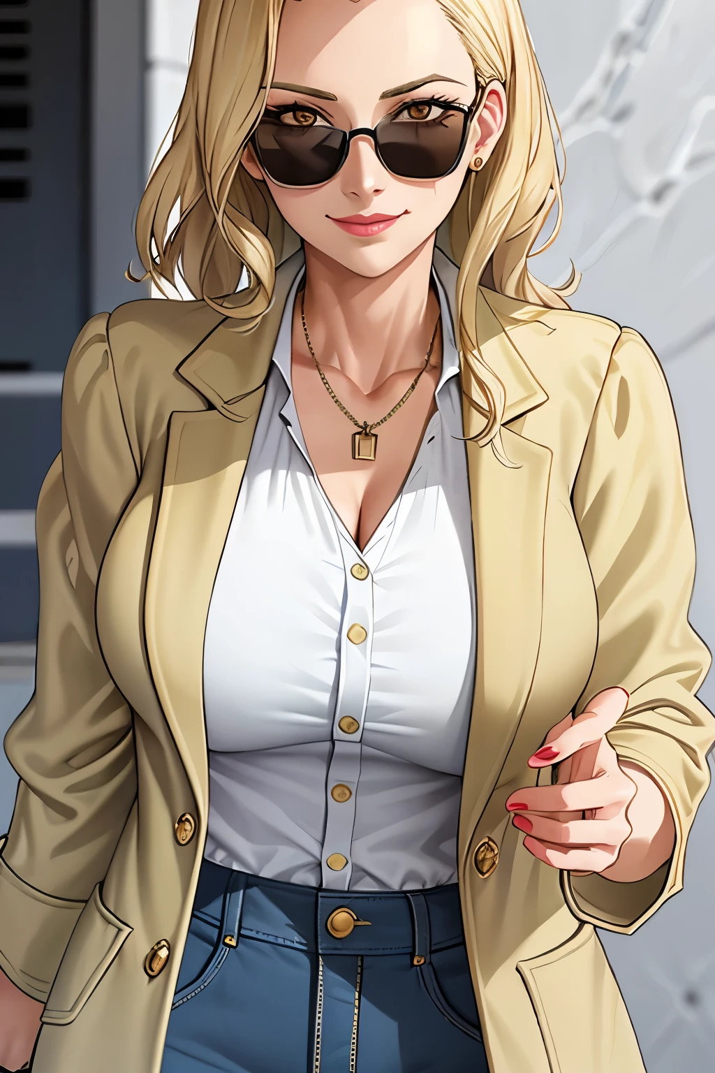 ((Masterpiece, best quality)),edgQuality,smirk,smug, edgCJ woman, mature woman, 40 years old woman, a woman in a jacket ,wearing edgCJ,chic jacket blonde nadia, sunglasses, oversized clothes