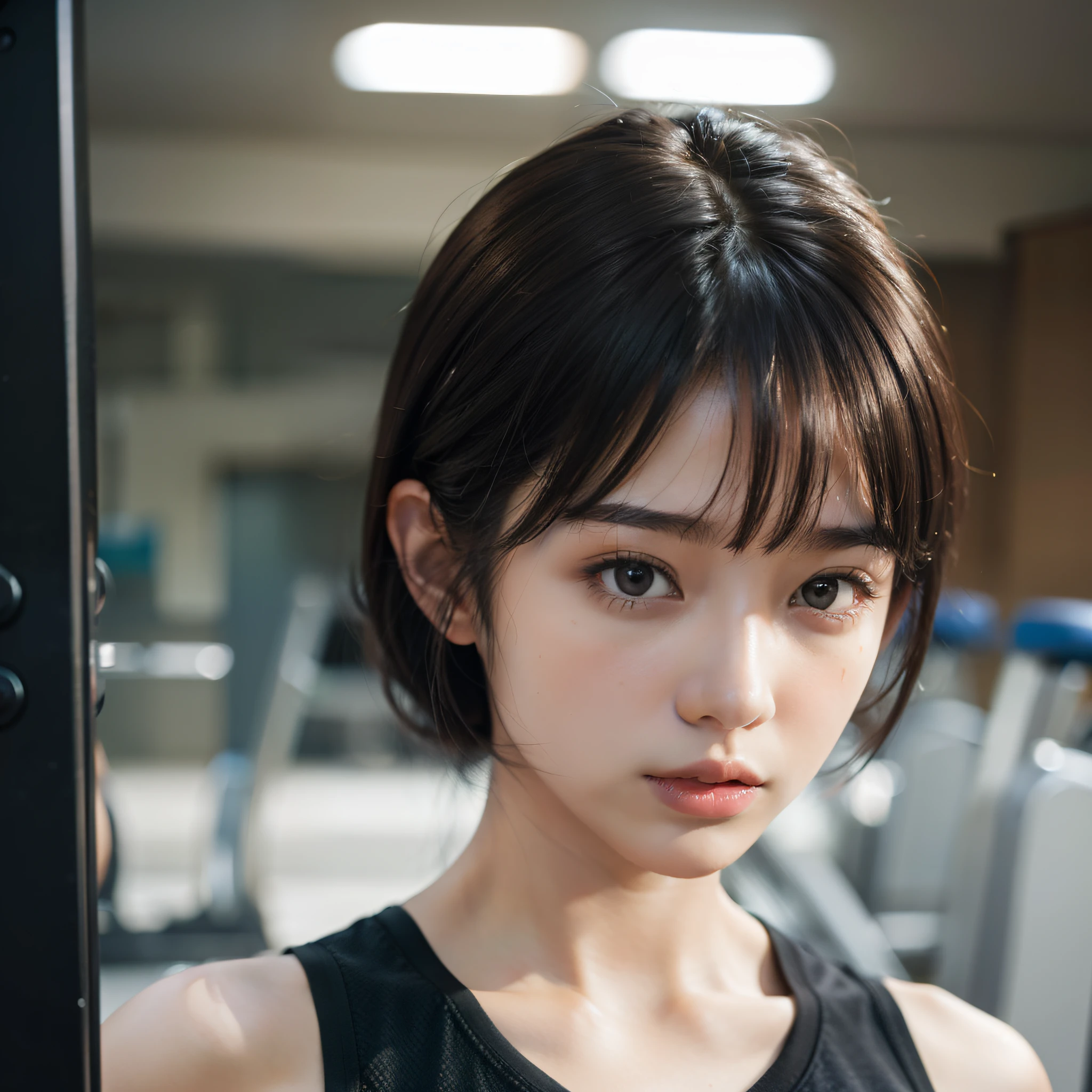 Japanese high school girl、sports gym、Gym Machine、T-shirt、Sweat、armpit, 1 girl, fine skin, short hair、looking at the viewer, , (realistic:1.4), (highest quality:1.0), (ultra high resolution:1.0), 8K, RAW photo, (masterpiece:0.2),  gym background,