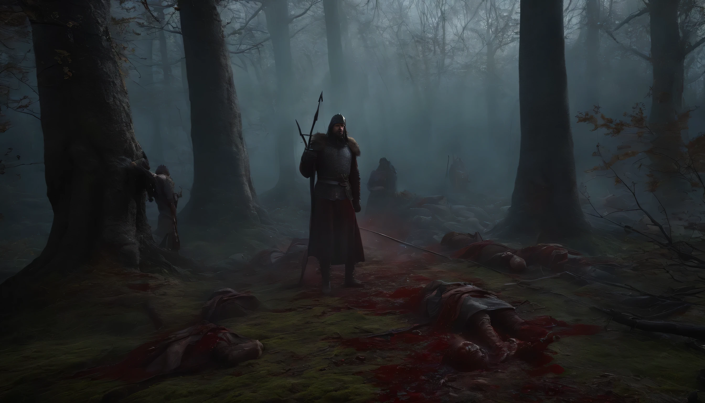 Vlad's infamous forest of impalement, dead medieval warriors impaled to the trees, blood and gore everywhere, gruesome display of his ruthless justice, ultrarealistic, 4k