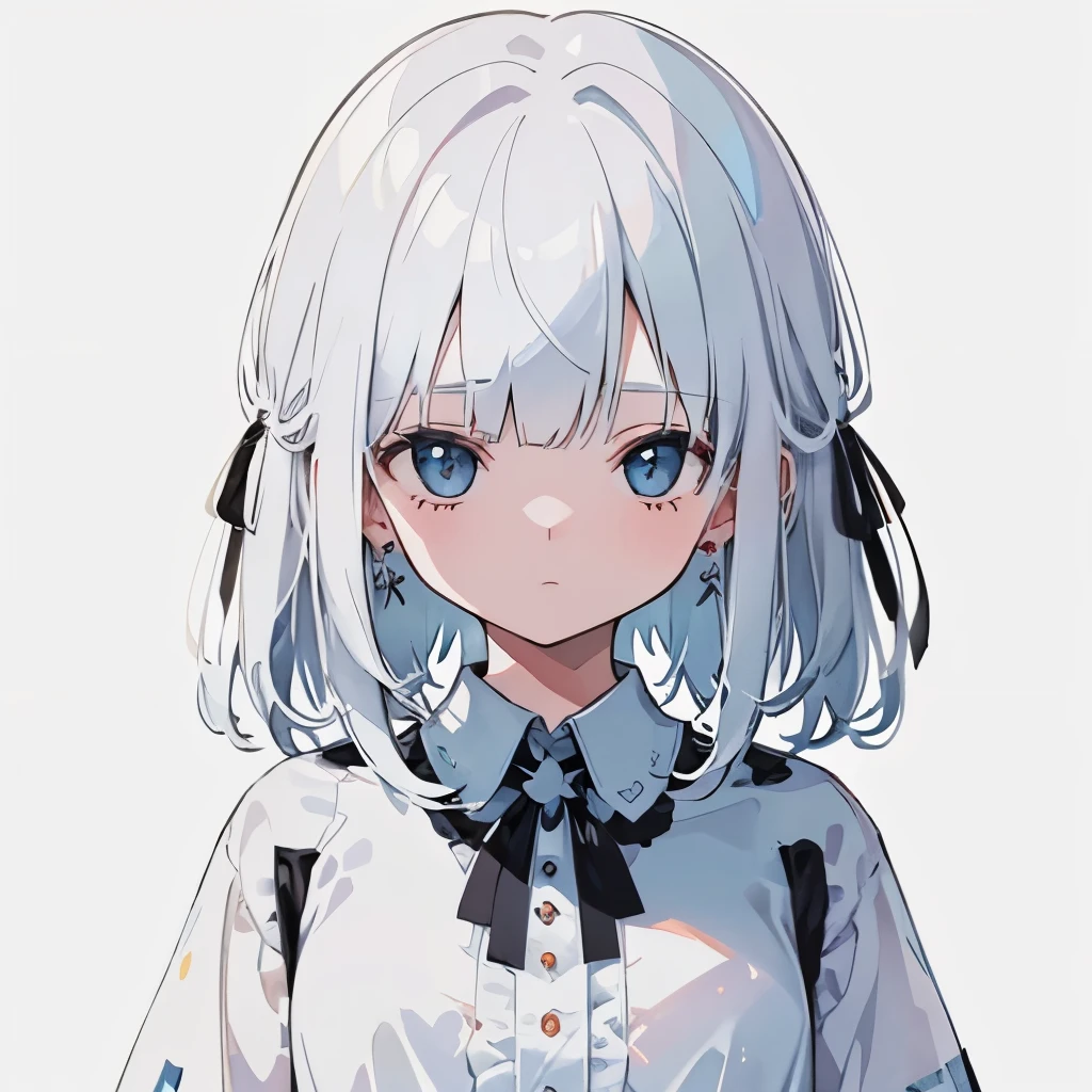 Transparent watercolors, girls, jewellery eyes, beautiful arrangements and motifs, field depth, white motifs, white hair, medium hair, wavy hair, beautiful light blue eyes, white lace shirt, large black chest ribbon, frill shirt, It's about the size of an elementary school student, and it's a very young girl, a naughty girl, a young girl