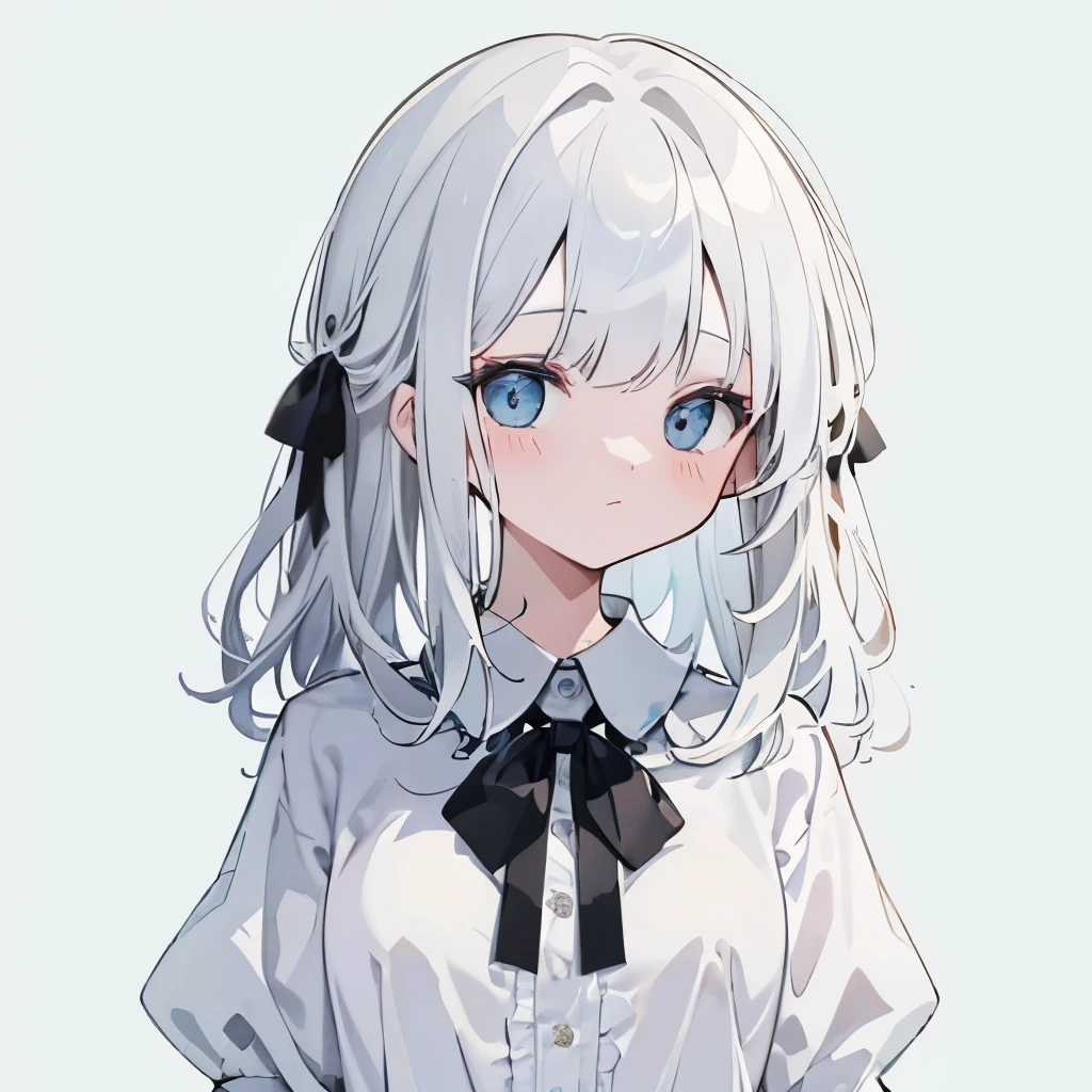 Transparent watercolors, girls, jewellery eyes, beautiful arrangements and motifs, field depth, white motifs, white hair, medium hair, wavy hair, beautiful light blue eyes, white lace shirt, large black chest ribbon, frill shirt, It's about the size of an , and it's a very young girl, a naughty girl, a young girl