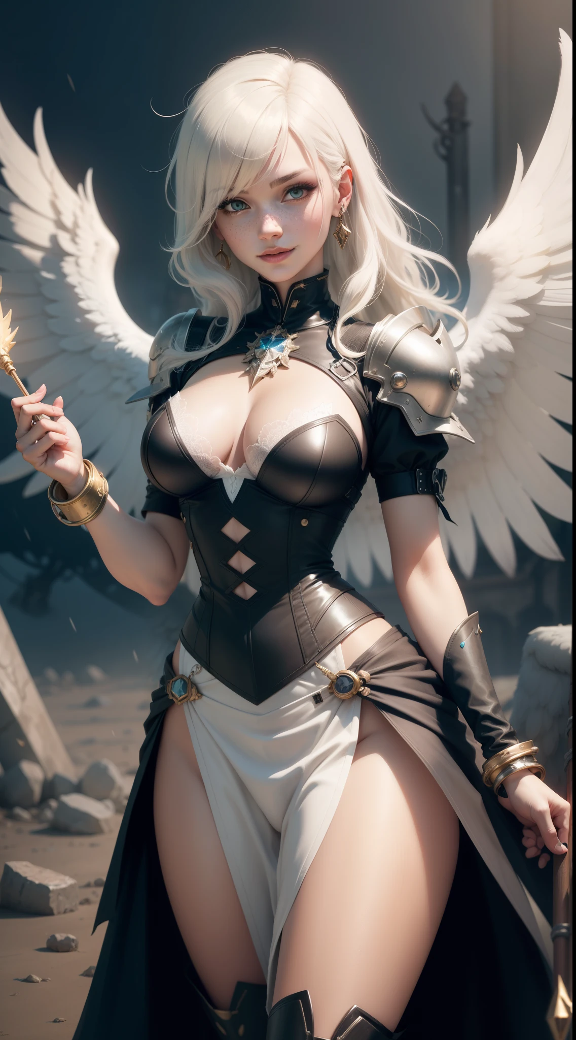 gwen tennyson,yorha 2b,tracer,y'shtola rhul, overwatch,atelier ryza,close up,heaven realm view,tattoos,golden and white plugsuit, white short sleeve angel top,short sleeve angel jacket,long medieval skirt,harness corset,long curly hair,punk makeup, green eyes,multicolored silver hair,long dress train,sexy smile,freckles,beautiful girl,thigh high angel boots,large breasts,8k,ultra detailed, realistic,fantasy art,archangel armor,angel tunic dress,hair pin,ear piercings,golden crystal hand and neck jewelry,(weather:windy),1girl,long golden angel cloak,holding a crystal spear,large angel wings,flying,