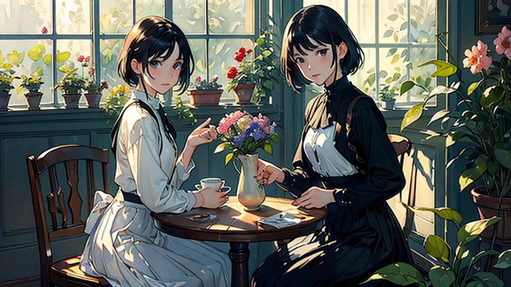 ((Watercolor by singer Sargent))、(highest quality、masterpiece)、1 girl、、wonderful、short black hair、black eye、small breasts、uniform、long skirt、greenhouse、flower shop、table、Floral、tea set、window、aquarium、Foliage plant、 wood,soft light、