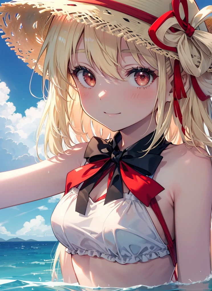 masterpiece,(super detailed),1 girl,smile, Chisato Nishikigi, red ribbon, long hair,blonde hair,Red eyes,bikini swimwear,Big straw hat,Ocean,summer,Ocean水浴,
