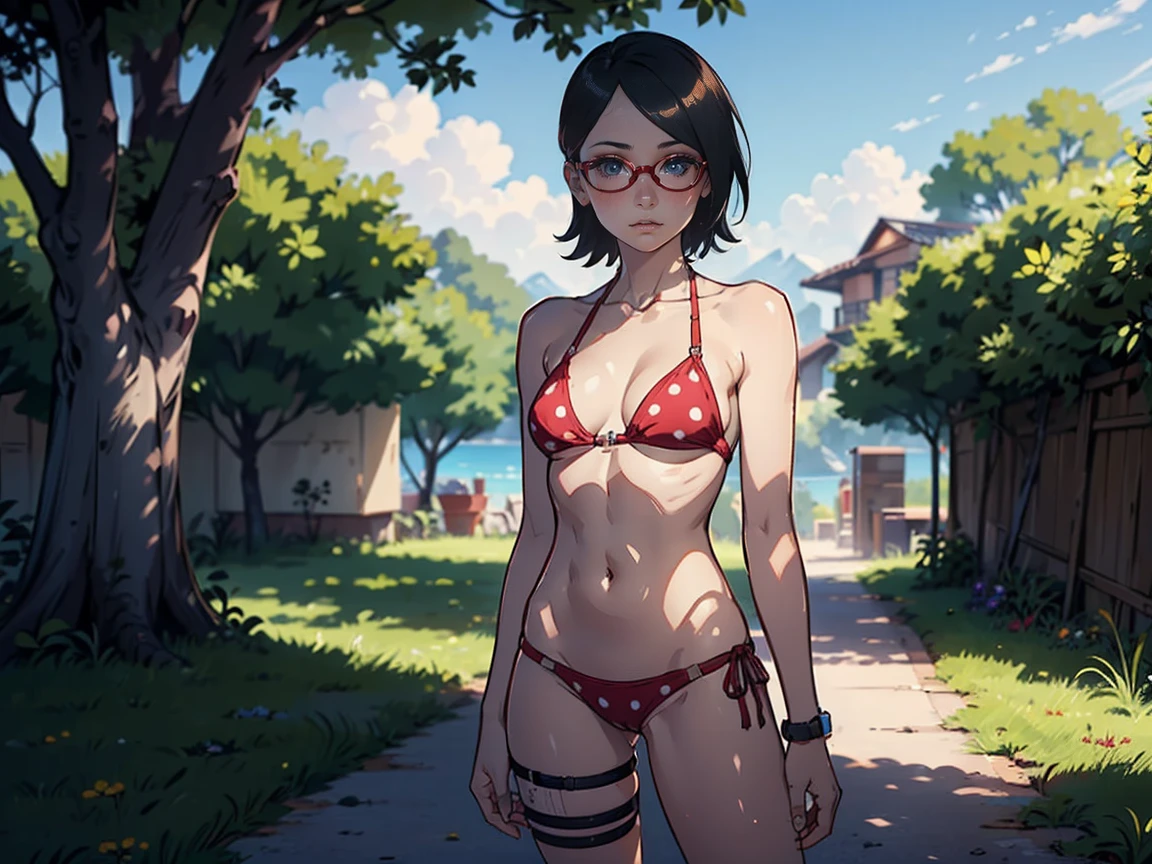 (((alone, Sarada, pretty butt, sexy, thong swimsuit, standing, small breasts))), (Sarada Uchiha, Sozinha, cabelo curto, Angled Textured Bob) ,Eyeglasses, selva, red swimsuit, peito pequeno, ((swimsuit monokini, de lado, artistic composition, boa qualidade, alta qualidade, qualidade detalhada, best quality, Angled Textured Bob, seios pequenos)),(artistic composition, super detalhada),(olhos delicados), usando batom vermelho, cabelo preto curto,(corpo fitness, corpo atletico), pele bronzeada, red sexy swimsuit, standing under a tree. olhos detalhados. bumbum grande. de lado, marquinha de bronzeado. perspectiva lateral,(Uchiha Sarada, marquinha de bronzeado, Obra Prima), lace lingerie
