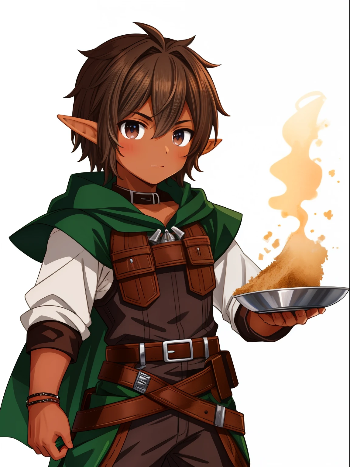 (tanned elf male man:1.2), (brown hair silver eye) (blacksmith), (belt), white background