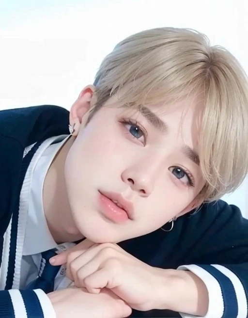 blurred image of a boy in a blue sweater and tie, Jimin\the full lips, park Jimin, accurate Jimin face, Jimin, Jimin\the right eyelid is swollen, Jimin\o nariz grego, Kim Doyoung, inspirado em Kun Can, adorable and pale korean face, kpop idol portrait, Yanjun Chengt, Retrato de Jossi do Blackpink