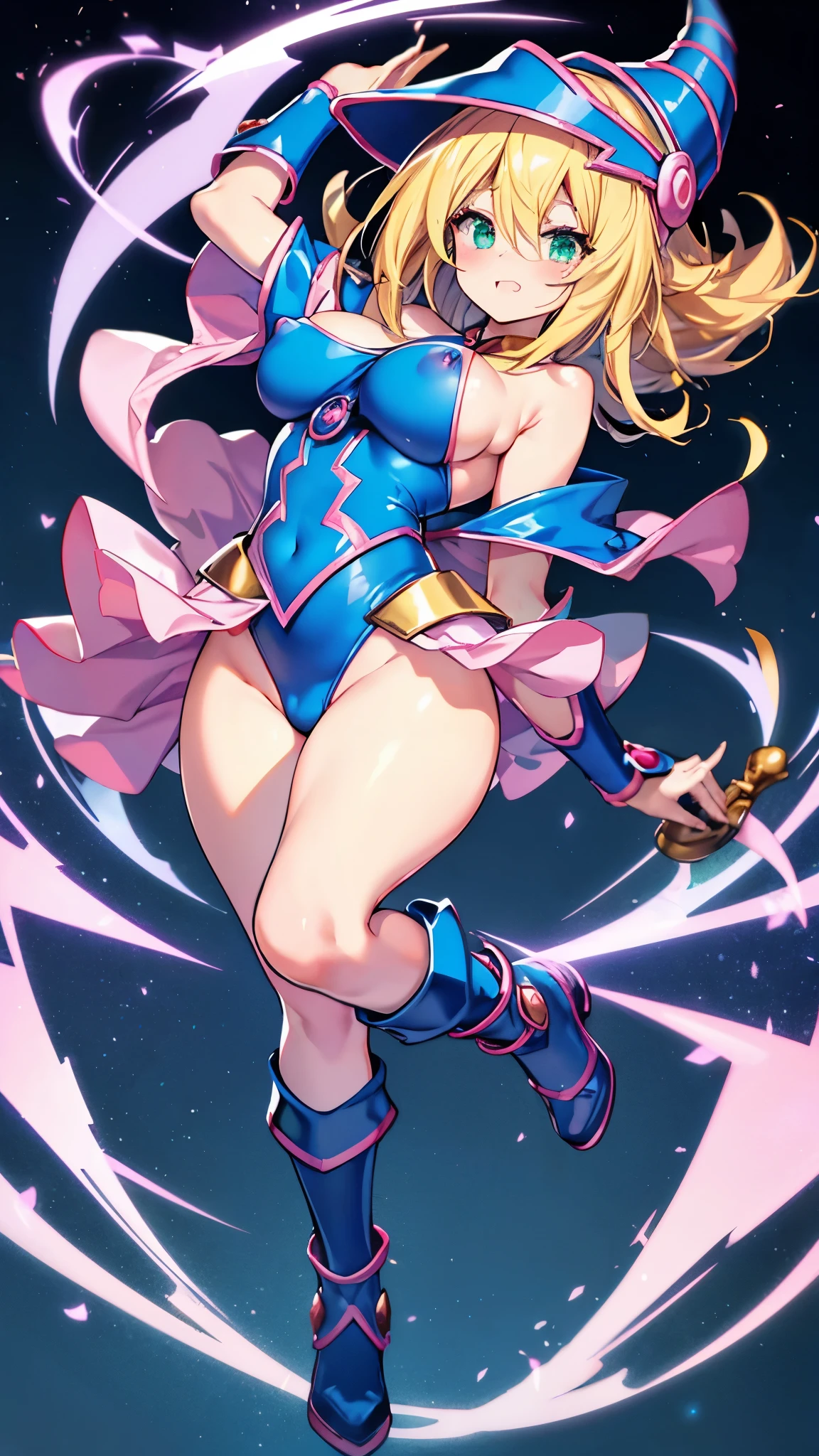 Black Magician Girl、super breasts、thick thighs、blonde hair、magic circle、8K, 4k, highest quality, High resolution: 1.2)、Nipples exposed、cute anime face、Pink blush on cheeks、noise removal、Leotard that bites into、Turning around、full body portrait、T-back that digs into your butt、Glowing green eyes、Laughter、遊戯王