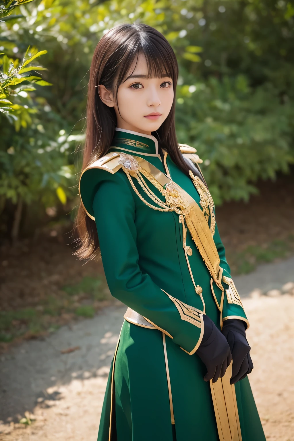 masterpiece,highest quality,ultra high resolution),japanese woman, Very beautiful girl, naive girl、perfect limbs、perfect anatomy、Shining beautiful skin、Moist eyes、Brown glittery hair、Colors and landscapes of youth、Premonition of love green and gold uniform、 metallic Green Armor, high quality costumes, brass colored armor coat, masterpiece衣装, Green Armor, avant uniform, golden black uniform, gold armour suit, high quality commander, combat uniform, Embroidered uniform guard, gold obsidian armor, Sleek gold armor