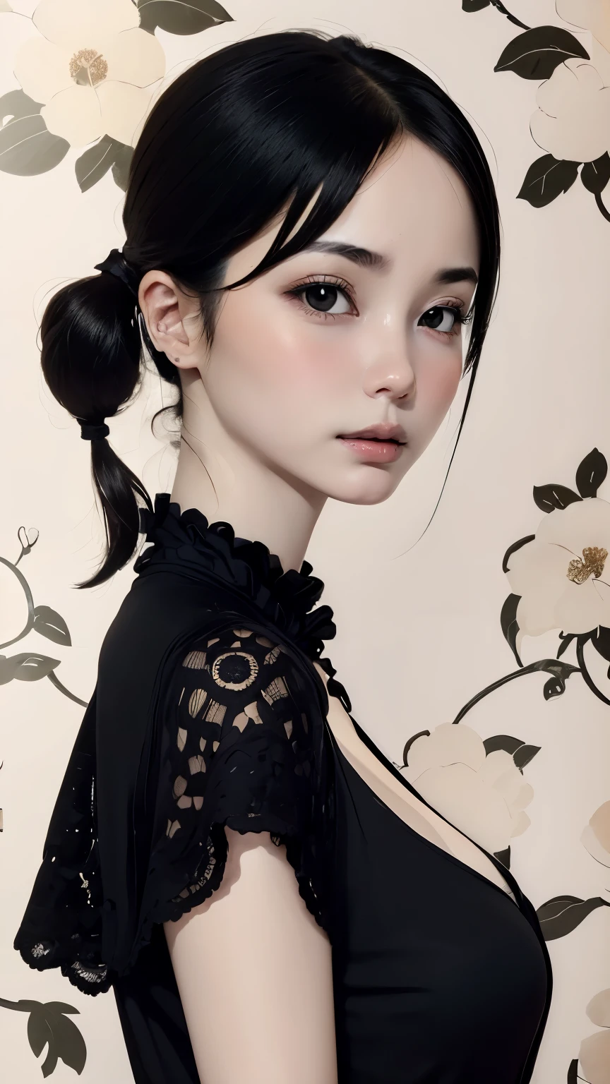 ((wallpaper 8k)), ((surreal)), ((Quality with attention to detail:1.2)), 1 girl, １４talent、kind eyes、plump lips、An ennui look、small breasts、small breasts、black elegant dress,Black capelet, look up, Widespread poverty, short cut hair、short hair twintails、Ash gray hair、white skin、