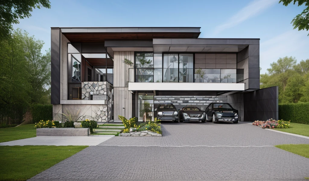 a drawing of a villa, (brightenness:1.3), (morden:1.3)), (road:1.3), large space infront of, detail flower front perspective, frontview, perspective view, wide frontal view, front view, front-view, rendering, elevation view, front elevation view, all white render, sketch - up, frontal view, symmetrical front view, front facing view, front elevation, 3/4 front view, front side view,"A picture showcasing a captivating modern villa, featuring an expansive and well-ventilated yard adorned with vibrant flowers and flourishing trees."(RAW photo), highest quality, (masterpiece:1.2), High detail RAW color photo, extremely detailed CG unity 8k wallpaper, (photo realism:1.4), (highres), hyperdetailed, (photorealistic:1.2), (best quality:1.3),perfect anatomy, (exterior), model villa, super realistic , 32k
