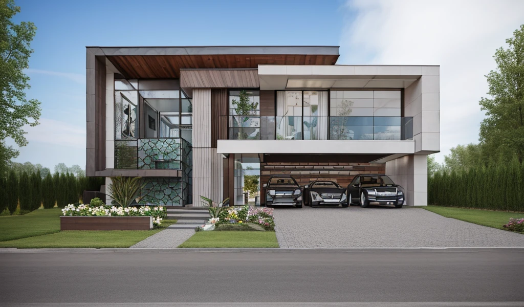 a drawing of a villa, (brightenness:1.3), (morden:1.3)), (road:1.3), large space infront of, detail flower front perspective, frontview, perspective view, wide frontal view, front view, front-view, rendering, elevation view, front elevation view, all white render, sketch - up, frontal view, symmetrical front view, front facing view, front elevation, 3/4 front view, front side view,"A picture showcasing a captivating modern villa, featuring an expansive and well-ventilated yard adorned with vibrant flowers and flourishing trees."(RAW photo), highest quality, (masterpiece:1.2), High detail RAW color photo, extremely detailed CG unity 8k wallpaper, (photo realism:1.4), (highres), hyperdetailed, (photorealistic:1.2), (best quality:1.3),perfect anatomy, (exterior), model villa, super realistic , 32k