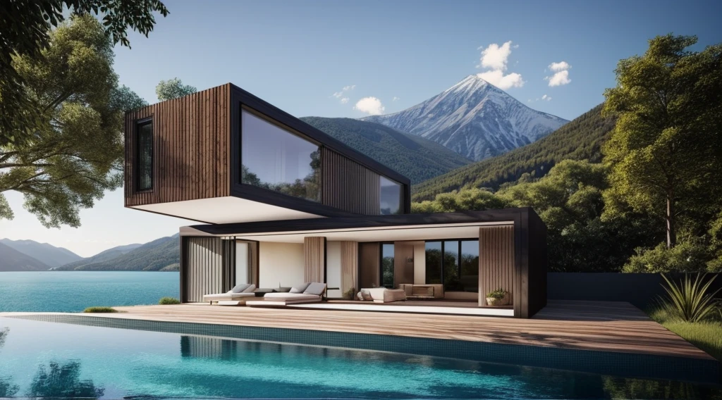 ((masterpiece, best quality)), 8k, modern architecture, photorealism, ultra-detailed photo, clean sky, mountain forest, villa, 1 pool, shimering water
