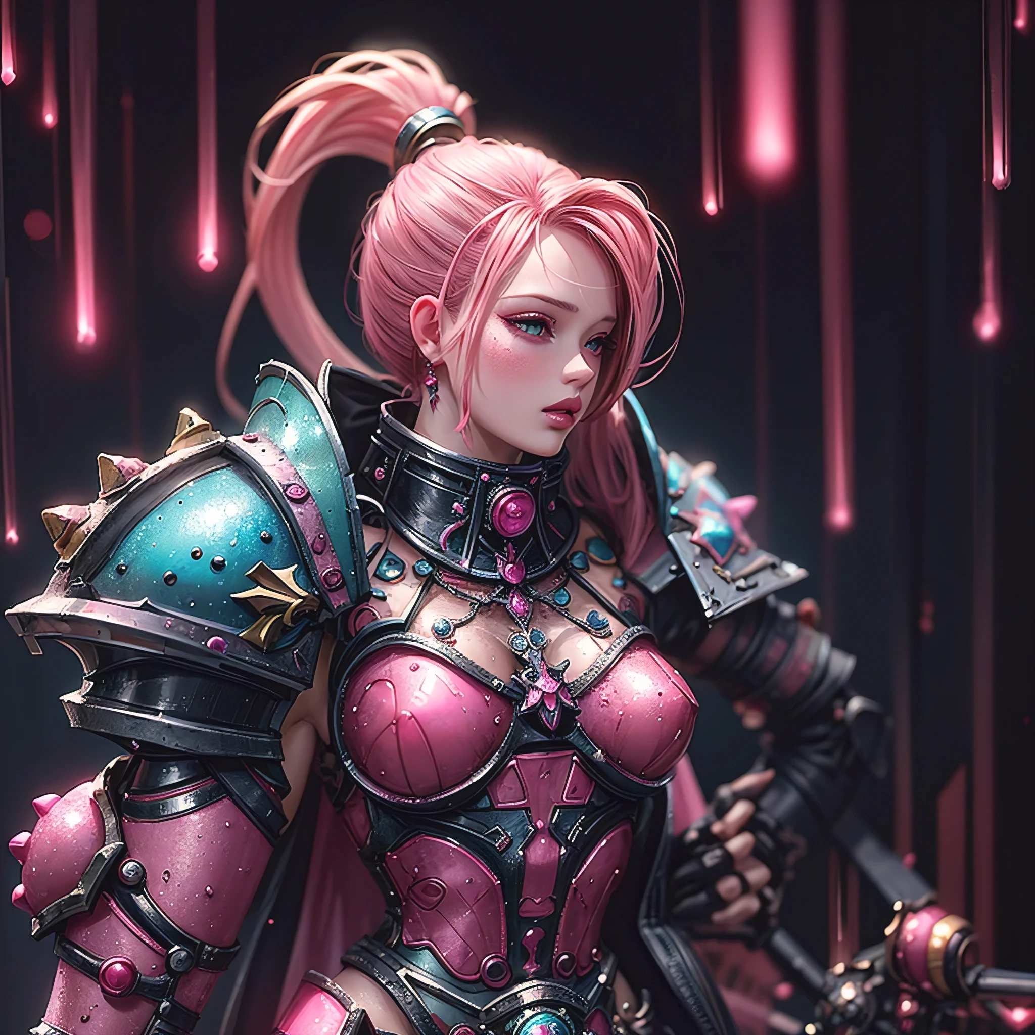 Portrait of barbie as adepta sororitas, pink, grimdark 40k, wet skin, realistic lighting, rain