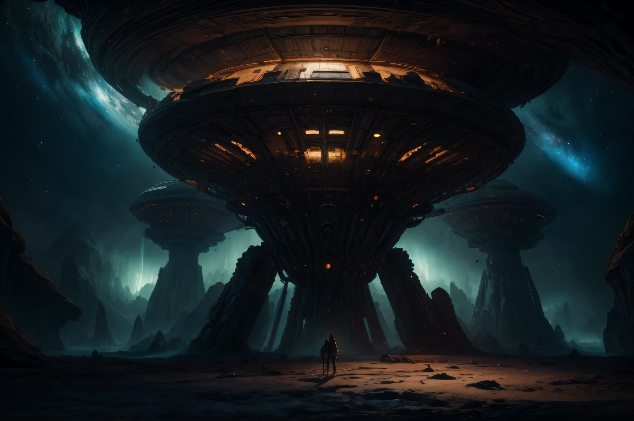 massive spaceship approaching an ancient alien planet, mothership emerging from the void, pitted surface covered in mysterious hieroglyphs and runes, vastness of space stretching endlessly, shimmering stars dotting the cosmic canvas, remote and unexplored destination, intrepid traveler venturing into the unknown, breathtaking celestial scenery, alien landscapes blending with the infinite cosmos, ethereal glow illuminating the surroundings, otherworldly atmosphere enveloping the scene, intrigue and wonder filling the air, epic journey unfolding before your eyes, boundless possibilities awaiting discovery, harmonious fusion of science and art. (best quality,4k,8k,highres,masterpiece:1.2),ultra-detailed,(realistic,photorealistic,photo-realistic:1.37),HDR,UHD,studio lighting,ultra-fine painting,sharp focus,physically-based rendering,extreme detail description,professional,vivid colors,bokeh,concept artists