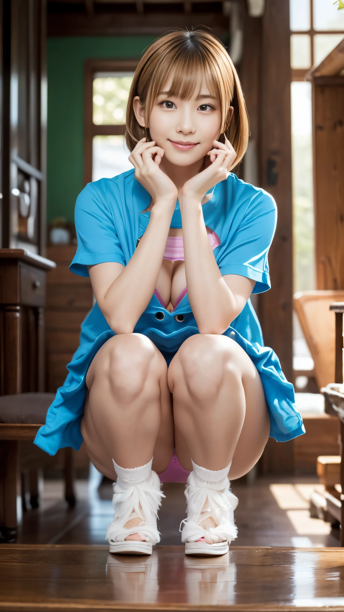 (A very cute 20 year old young woman from Japan), ((bright blonde delicate hair)), ((messy side wave short hair)),(((Slender and slender body type))),medium bust size、small breasts、 (((Clean hands))),(curly hair),(((very kind smile))), (((she wears random colored panties))),(((she is wearing a random colored bra))) ((top quality, 16K, table top: 1.3)), light shines on your face, highly detailed face, highly detailed lips, fine eyes,