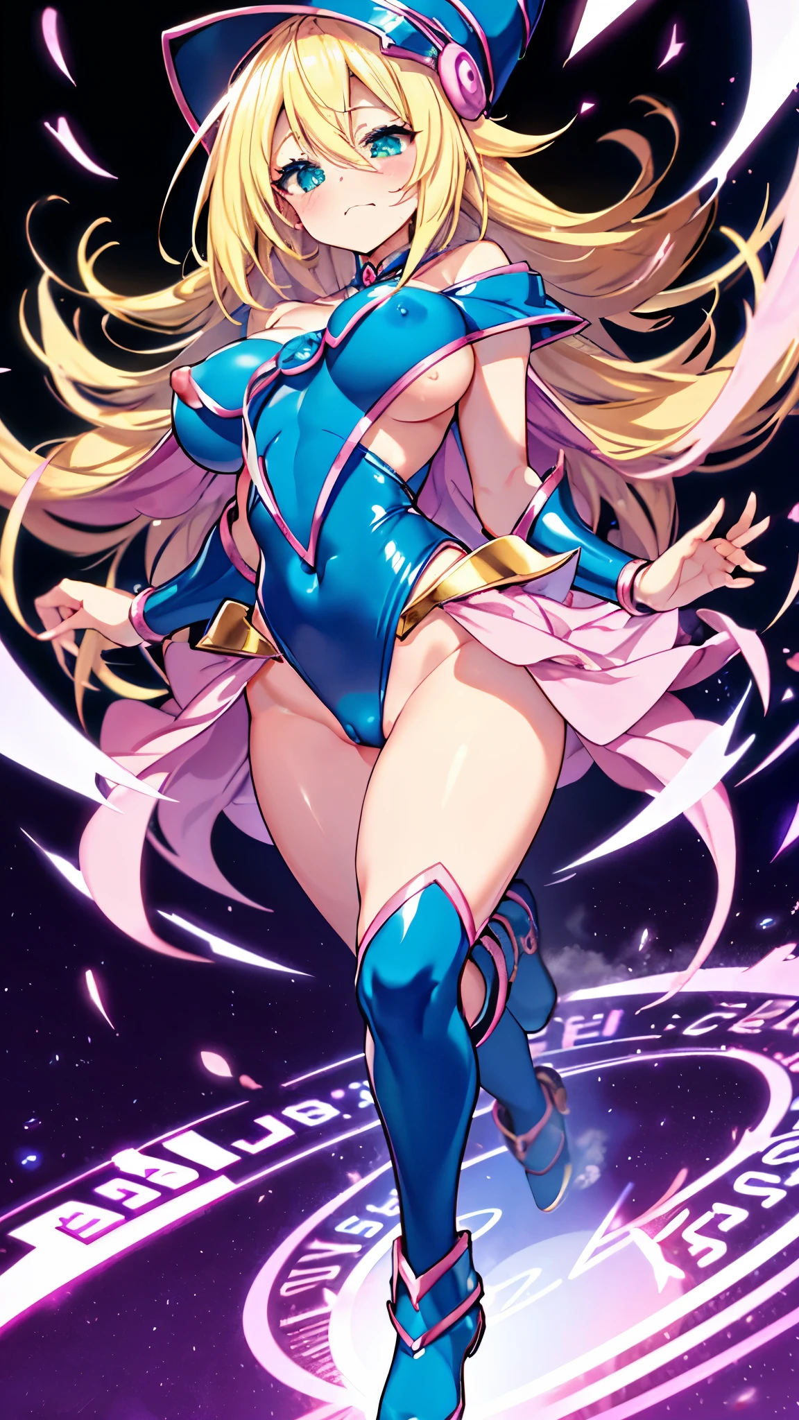 Black Magician Girl、super breasts、thick thighs、blonde hair、magic circle、8K, 4k, highest quality, High resolution: 1.2)、Nipples exposed、cute anime face、Pink blush on cheeks、noise removal、Leotard that bites into、Turning around、full body portrait、T-back that digs into your butt、Glowing green eyes、Laughter、遊戯王