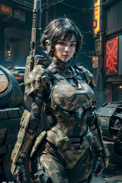 extremely detailed CG unity 32K wallpaper, top quality, masterpiece, raw photo, photorealistic, highest resolution, professional photo, dynamic, cinematic lighting, (cyberpunk:1.4), science fiction, sharp focus, depth of field, (perfect body, correct anatomy, correct body proportion:1.5), intricately detailed face, expressive face, POV, (from front:1.3), 1 girl, ((female soldier:1.4)), mecha-musume, solo, (cowboy shot:1.2), black hair, (very short hair:1.1), ultra-realistic skin, detailed skin, tanned skin, (dark and narrow eyes:1.4), highly detailed nose and lips, beautiful nose, expressionless, (round and slim outline of the face:1.3), innocent face, (camouflaged, combat uniform:1.5), (slender, beautiful :1.4), perfect body proportion, ((powered suit, mechanical body armor, highly weaponized body:1.3)), holding 1 blaster rifle, shooting the blaster rifle, ((mech wing and jetpack:1.5)), (((a pair of anti-tank weapons is mounted on the girl's both shoulders:1.5))), in combat with hostile armed group, (((noon, daytime, vandalized town:1.3)))