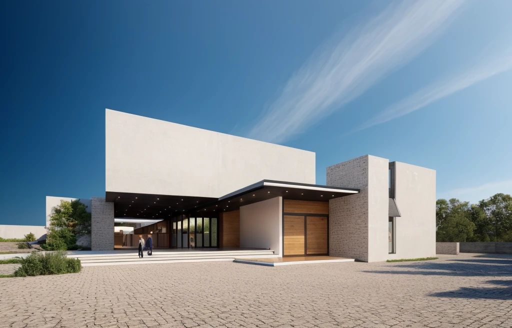 1 modern building with main materials made from white walls and wood, minimalist design,, masterpiece, high quality, utral detail:1.3, sun rise:1.3, dynamic lighting, perfect light, shimering sky:1.2, large yard, morden feeling, 1 black car:1.3, behance.net, warm light brighteness, shimering cold light fromt indoor:1.3