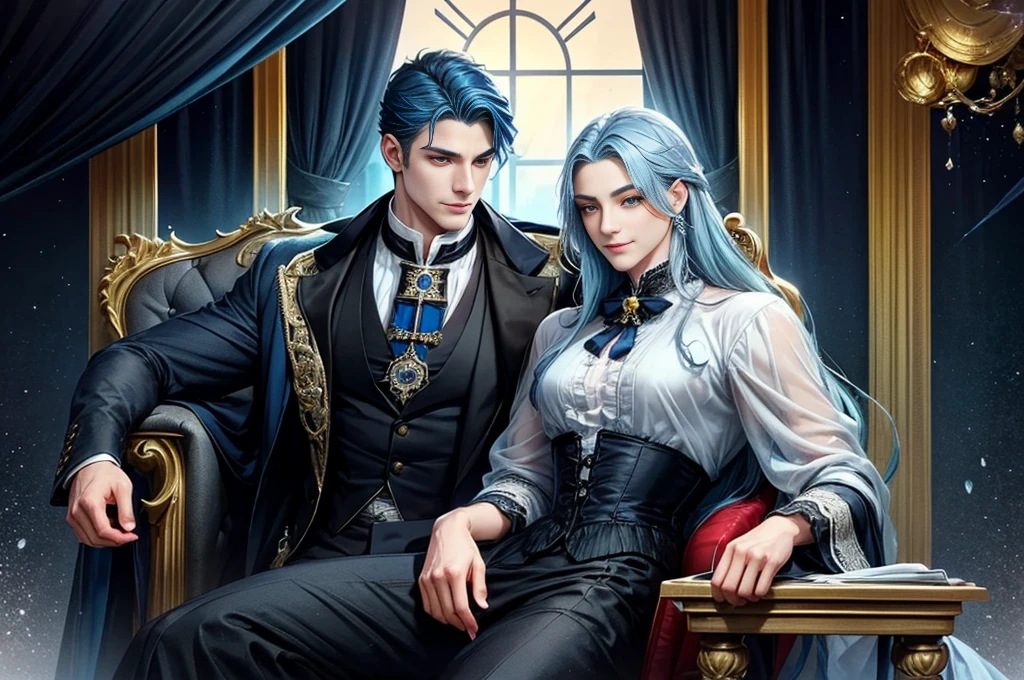A young man seated on his imposing throne, with golden eyes accented by silver details, navy-blue hair falling casually across his forehead. His eyes reflected a blend of charm, determination, mystery, and passion, with no hint of a beard on his symmetrical and perfect face. He dressed with elegance. His presence was magnetic, and his subtle smile added a captivating touch to his personality. and Victorian age. slyle manhwa