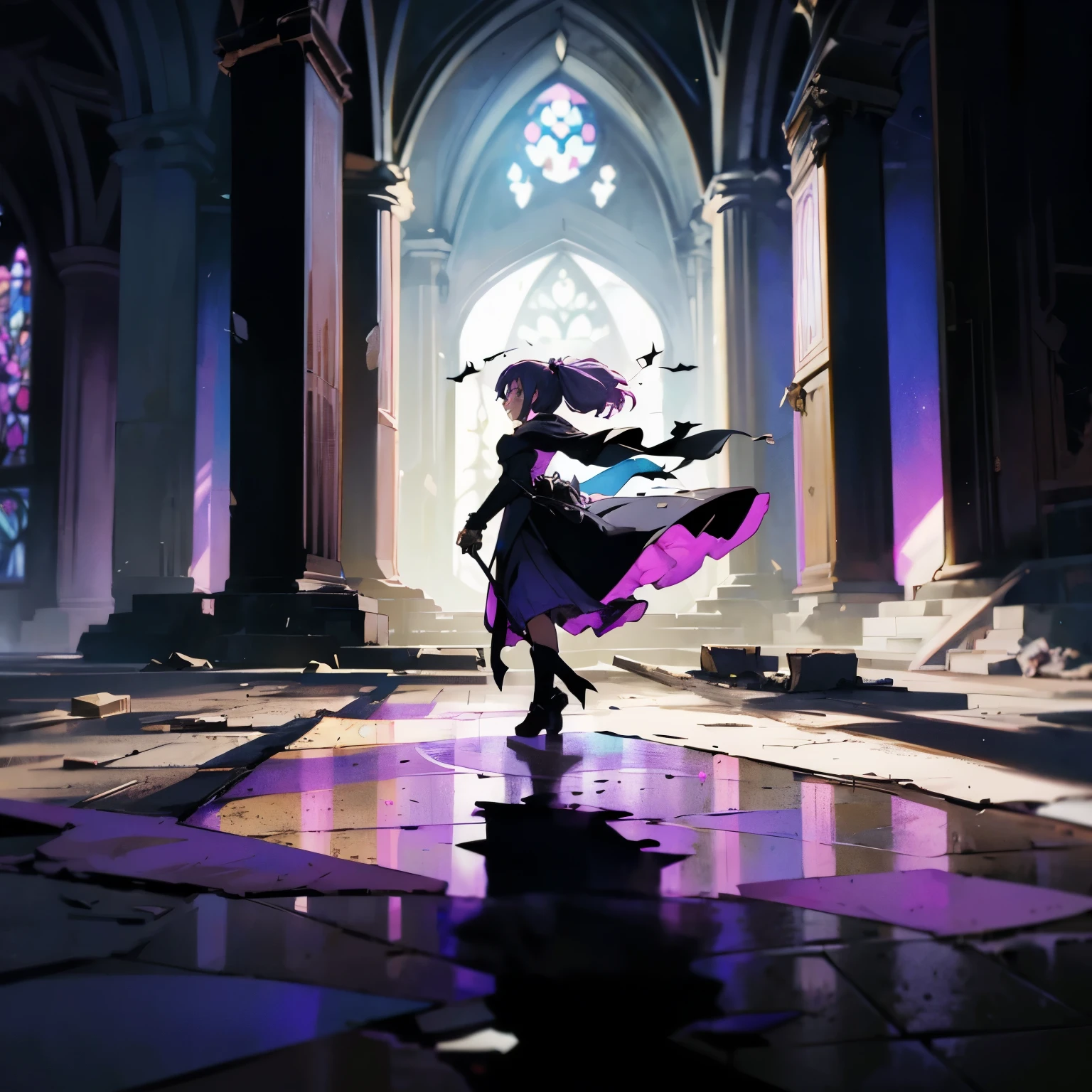 (best quality,highres,ultra-detailed,realistic:1.2),dark magical girl Satone Shichimiya welcomes you at the center of her ruined dark castle. She stands tall and confident, with a mysterious smile on her lips. Her eyes, mesmerizing and intense, are filled with a hint of darkness, hinting at the immense power she possesses. 

The castle's walls are covered in ancient, cracked stones, weathered by time and neglect. Vines creep up the walls, intertwining with the eerie glow of magical runes that emit a faint, pulsating light. The air is heavy with a sense of mystery and a touch of danger.

As you step closer, you notice the intricate details in Satone's outfit. She wears a tattered black cloak that billows in an otherworldly breeze, revealing glimpses of a lustrous, deep purple dress adorned with silver accents. The dress sparkles with enchanting energy, symbolizing the source of her magic.

Surrounding Satone are remnants of her former battles, scattered throughout the castle's ruins. Broken pillars and crumbling statues serve as reminders of her past triumphs and sacrifices. Shadows dance across the floor, cast by the dim light filtering through stained glass windows that depict scenes of moments frozen in time.

The color palette of the scene is dominated by shades of deep purple, contrasting against the cold greys and blacks of the castle's decay. The scattered rays of moonlight that manage to seep through the cracks in the walls create a hauntingly beautiful play of light and shadows.

To enhance the atmosphere, the scene is bathed in a surreal, moonlit glow. The moon, full and radiant, casts an ethereal light across the landscape, illuminating Satone's figure and emphasizing the eerie beauty of the surroundings. The soft glow outlines her silhouette and highlights the intricate details of her features, giving the whole scene a touch of magic.

This prompt combines the elements of a captivating character, a dark and mysterious setting, and the rich details require