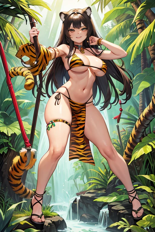 masterpiece, high resolution, best quality, beautiful art, detailed hands, 1 woman, solo, Meriem Cooper, jungle woman, sexy bikini, alluring body, brown eyes, long black hair, brunette, pelvic curtain, , tiger bikini, dancing seductively, looking at the viewer, smirking, full body, jungle environment 