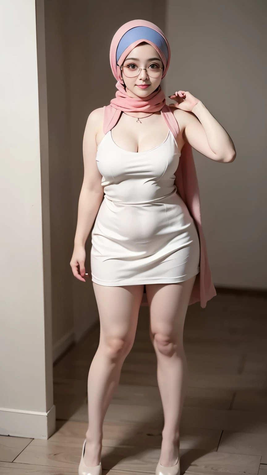 ((best quality)), ((masterpiece)), (detailed), perfect face, naughty, (iu:0.8),cleavage, RAW, Best quality, high resolution, Masterpiece: 1.3, Beautiful glasses pearl_skinned sexy hijabi, Masterpiece, Soft smile, full body, chubby body, thight skirt, chubby arm, chubby thighs