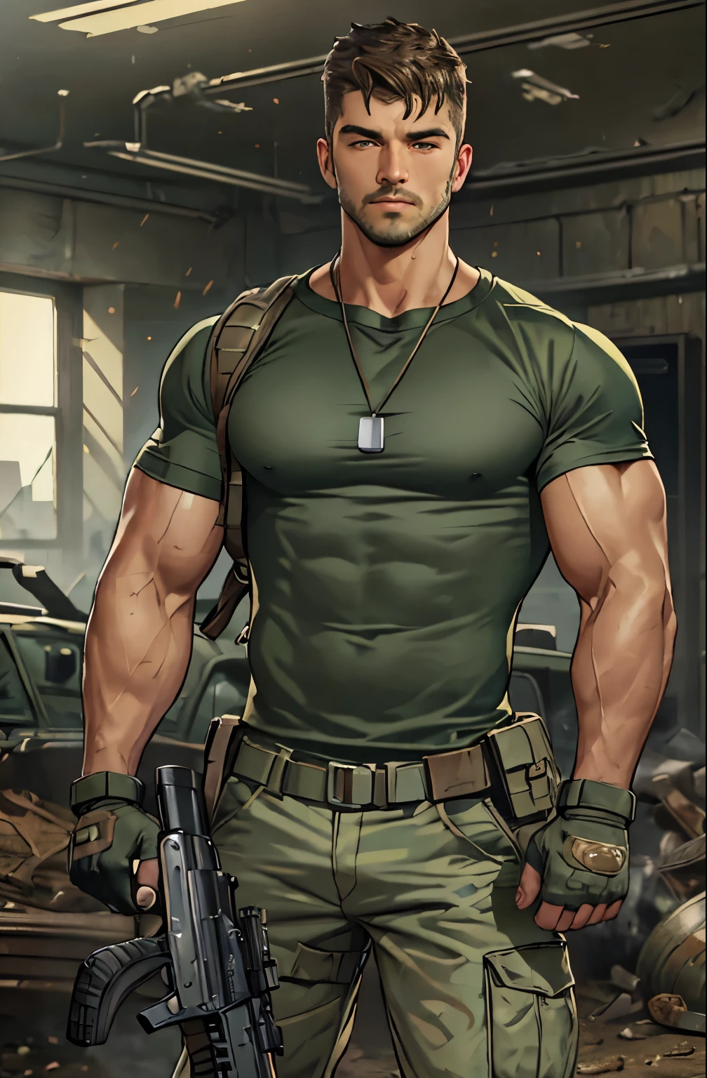 realistic, masterpiece, best quality, cinematic lighting, soft shadow, insane detail, detailed background, professional photography, depth of field, intricate, detailed face, subsurface scattering, realistic hair, realistic eyes, muscular, masculine, photo of a handsome man, indoors, destroyed city, post apocalyptic, camouflage pants, beard, (20 year old), dynamic pose, holding gun, assault rifle, fingerless gloves, manly, (green t-shirt), dog tag,