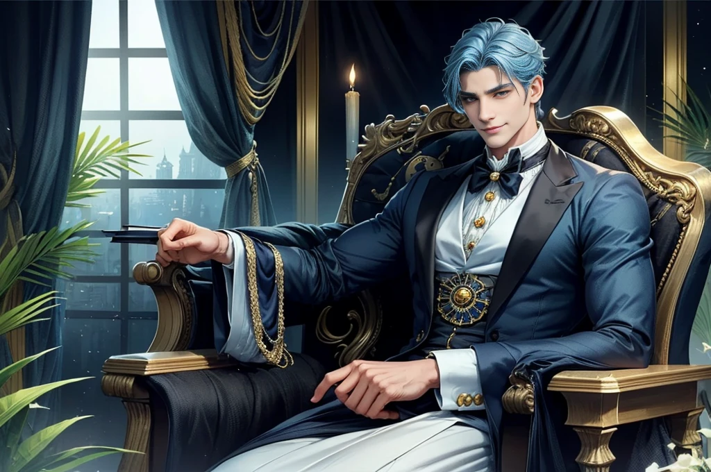 A young man seated on his imposing throne, with golden eyes accented by silver details, navy-blue hair falling casually across his forehead. His eyes reflected a blend of charm, determination, mystery, and passion, with no hint of a beard on his symmetrical and perfect face. He dressed with elegance. His presence was magnetic, and his subtle smile added a captivating touch to his personality. and Victorian age. slyle manhwa