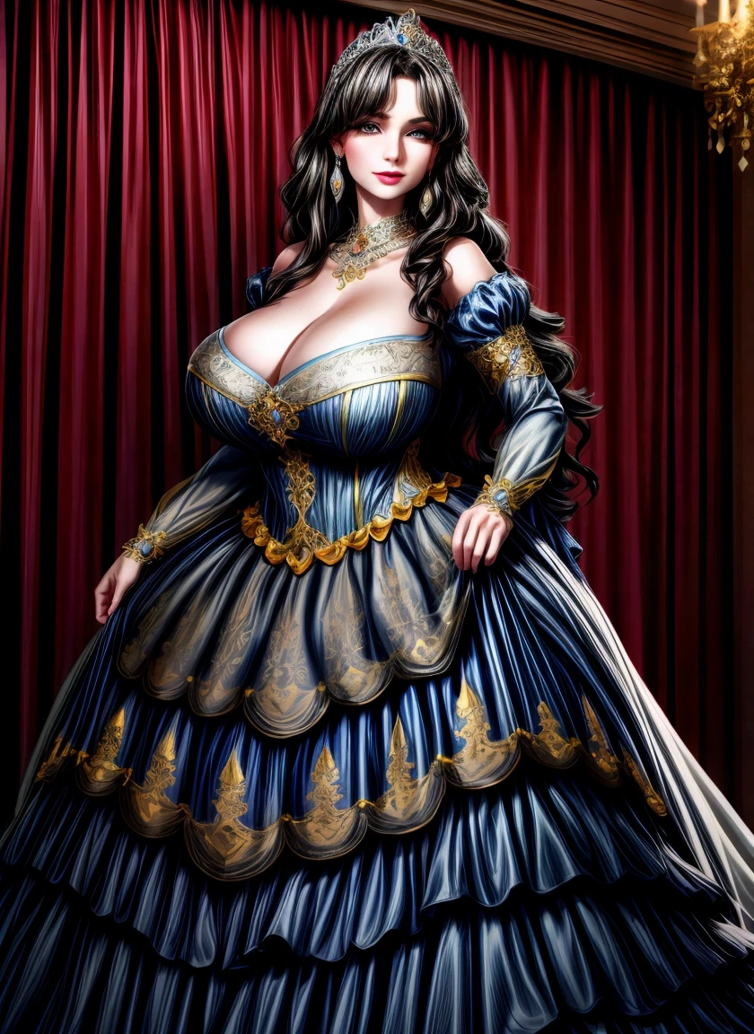 Irish woman, milf, mature,long straight hair,black hair, high cheekbones, glossy lipstick, white pale skin, tall, curvaceous, small waist, big hips, hip dips, large breasts, big breasts, sagging breasts, looking at viewer, Best quality, 8k, Masterpiece, realistic, photorealistic, (gigantic breasts:1.2),wearing beautiful embroidery and jeweled ruffled gorgeous princess ballgown with voluminous full length hoop skirt,
princess in a beautiful embroidery and jeweled rococo princess ballgown with voluminous full length hoop skirt,super detailed gorgeous princess ballgown with voluminous full length hoop skirt,jeweled Gorgeous rococo princess ballgown with long train,jeweled Gorgeous rococo princess ballgown with long train,gorgeous rococo princess ballgown with beautiful embroidery and jeweled, detailed eyes, brown eyes, blue and yellow dress