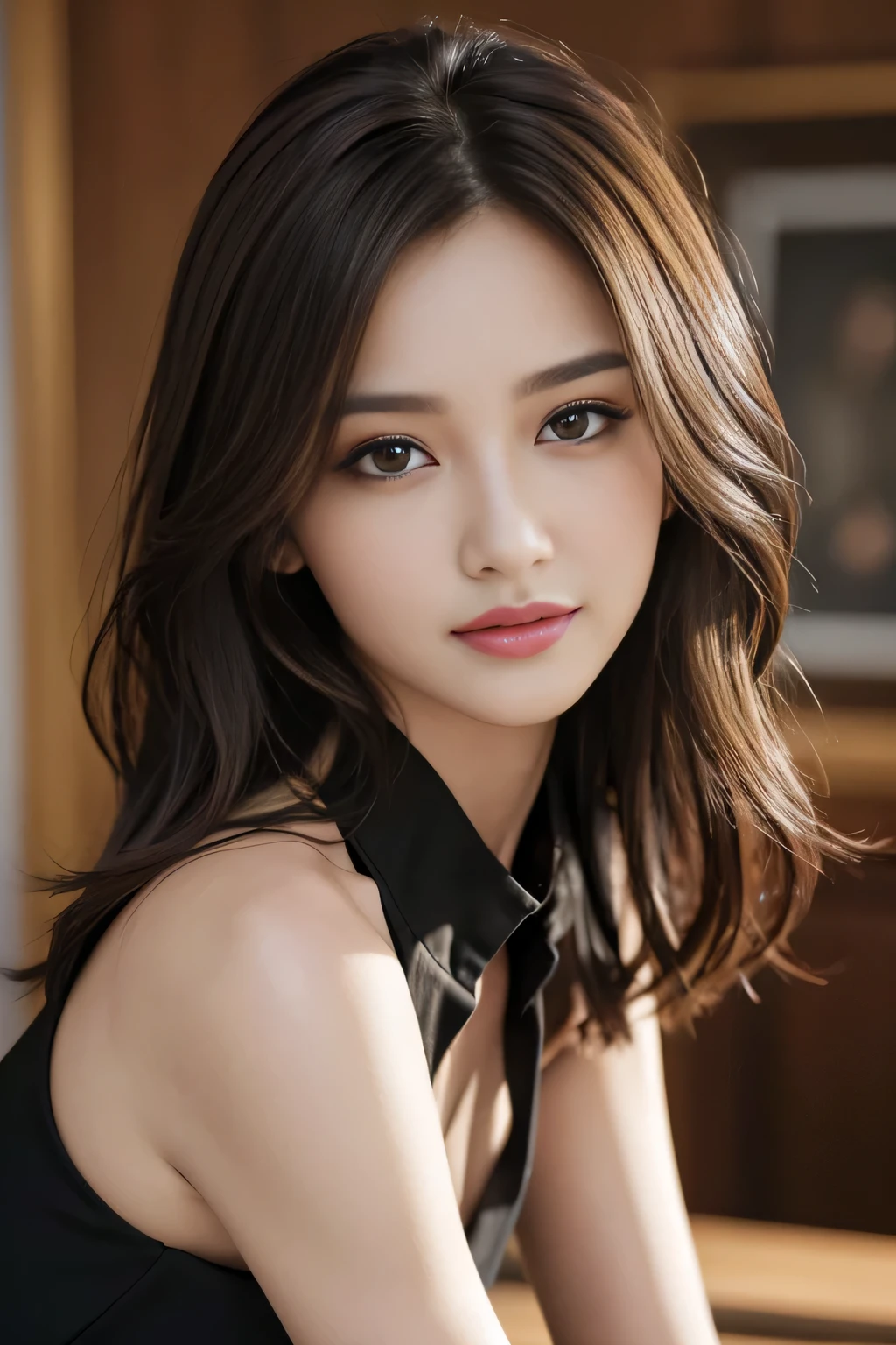 table top, highest quality, realistic, Super detailed, finely, High resolution, 8k wallpaper, 1 beautiful woman,, light brown messy hair, He is wearing a black dress shirt with an open collar., sharp focus, perfect dynamic composition, beautiful and detailed eyes, thin hair, Detailed realistic skin texture, smile, close-up portrait, model body shape