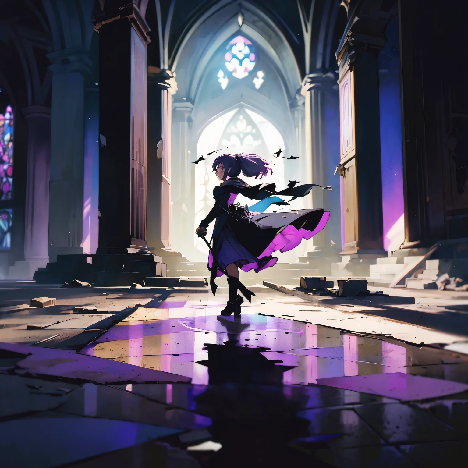 (melhor qualidade,high resolution,ultra-detalhado,realista:1.2),dark magical girl Satone Shichimiya welcomes you to the center of her dark ruined castle. She stands tall and confident, with a mysterious smile on his lips. Os olhos dela, hipnotizante e intenso, are filled with a touch of darkness, sugerindo o imenso poder que ela possui. 

The castle walls are covered in antiques, pedras rachadas, Worn by time and neglect. As videiras sobem pelas paredes, intertwining with the mysterious glow of magical runes that emit a faint, Luz pulsante. The air is heavy with a sense of mystery and a hint of danger.

As you move closer, you notice the intricate details in Satone&#39;s outfit. Ela usa uma capa preta esfarrapada que ondula em uma brisa de outro mundo, revelando vislumbres de um brilho, vestido roxo profundo adornado com detalhes prateados. O vestido brilha com uma energia encantadora, simbolizando a fonte de sua magia.

All around Satone are remnants of its ancient battles, scattered across the castle ruins. Broken pillars and crumbling statues serve as reminders of their past triumphs and sacrifices.. Shadows dance across the floor, cast by the dim light filtered through stained glass windows that depict scenes from moments frozen in time.

The scene&#39;s color palette is dominated by deep purple tones., contrasting with the cold gray and black tones of the castle&#39;s decay. Os raios dispersos do luar que conseguem infiltrar-se pelas fendas nas paredes criam um belo jogo de luz e sombras..

Para melhorar a atmosfera, The scene is bathed in a surreal, Brilho ao Luar. a lua, Cheio e radiante, casts an ethereal light over the landscape, iluminando a figura de Satone e enfatizando a beleza misteriosa dos arredores. The soft glow outlines your silhouette and highlights the intricate details of your features, dando a toda a cena um toque de magia.

Este prompt combina os elementos de um personagem cativante, a dark and mysterious setting, e os ricos detalhes exigem