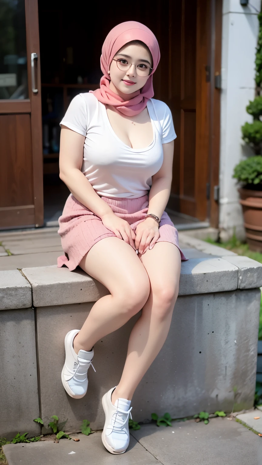 ((best quality)), (detailed), perfect face, naughty, (iu:0.8),cleavage, RAW, Best quality, high resolution, Masterpiece: 1.3, Beautiful glasses pearl_skinned sexy hijabi, Masterpiece, Soft smile, full body, chubby body, thight skirt, chubby arm, chubby thighs, sneakers
