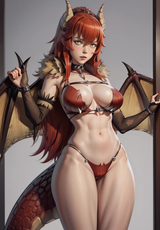 a close up of a drawing of a woman with red hair and a dragon, dragon noble character design, gothic, dragon anime girl, ((zentreya)), ((medium breasts)), dragon tail, dragon wings, dragon horns, ((1woman)), 1slave, chained, bound, zentreya in shackles, standing, girl chained , chains, knees spread, frightened and embarrassed expression, crowded market place, market, orange hair, solo
