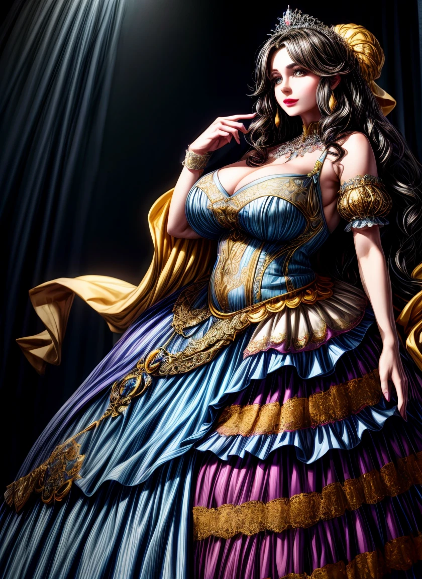 Irish woman, milf, mature,long straight hair,black hair, high cheekbones, glossy lipstick, white pale skin, tall, curvaceous, small waist, big hips, hip dips, large breasts, big breasts, sagging breasts, looking at viewer, Best quality, 8k, Masterpiece, realistic, photorealistic, (gigantic breasts:1.2),wearing beautiful embroidery and jeweled ruffled gorgeous princess ballgown with voluminous full length hoop skirt,
princess in a beautiful embroidery and jeweled rococo princess ballgown with voluminous full length hoop skirt,super detailed gorgeous princess ballgown with voluminous full length hoop skirt,jeweled Gorgeous rococo princess ballgown with long train,jeweled Gorgeous rococo princess ballgown with long train,gorgeous rococo princess ballgown with beautiful embroidery and jeweled, detailed eyes, brown eyes, blue and yellow dress