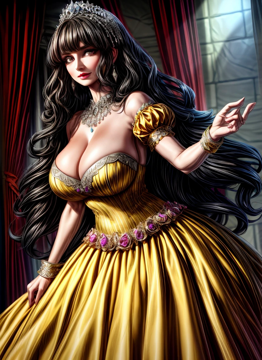 Irish woman, milf, mature,long straight hair,black hair, high cheekbones, glossy lipstick, white pale skin, tall, curvaceous, small waist, big hips, hip dips, large breasts, big breasts, sagging breasts, looking at viewer, Best quality, 8k, Masterpiece, realistic, photorealistic, (gigantic breasts:1.2),wearing beautiful embroidery and jeweled ruffled gorgeous princess ballgown with voluminous full length hoop skirt,
princess in a beautiful embroidery and jeweled rococo princess ballgown with voluminous full length hoop skirt,super detailed gorgeous princess ballgown with voluminous full length hoop skirt,jeweled Gorgeous rococo princess ballgown with long train,jeweled Gorgeous rococo princess ballgown with long train,gorgeous rococo princess ballgown with beautiful embroidery and jeweled, detailed eyes, brown eyes, blue and yellow dress