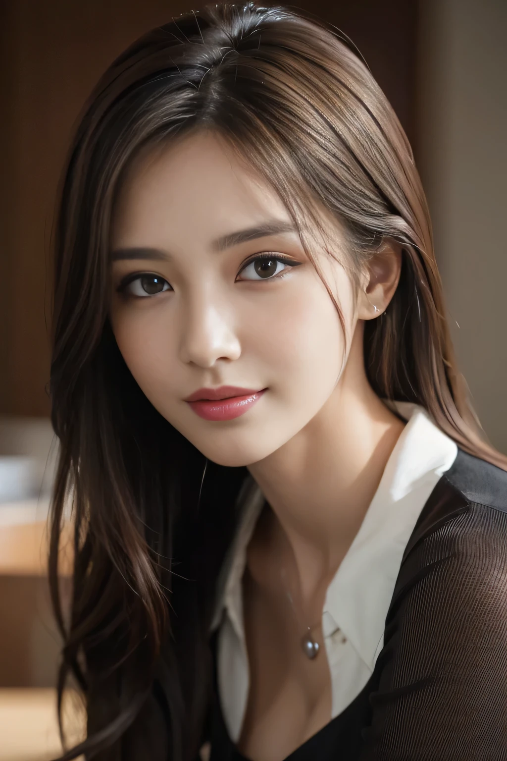 table top, highest quality, realistic, Super detailed, finely, High resolution, 8k wallpaper, 1 beautiful woman,, light brown messy hair, He is wearing a black dress shirt with an open collar., sharp focus, perfect dynamic composition, beautiful and detailed eyes, thin hair, Detailed realistic skin texture, smile, close-up portrait, model body shape