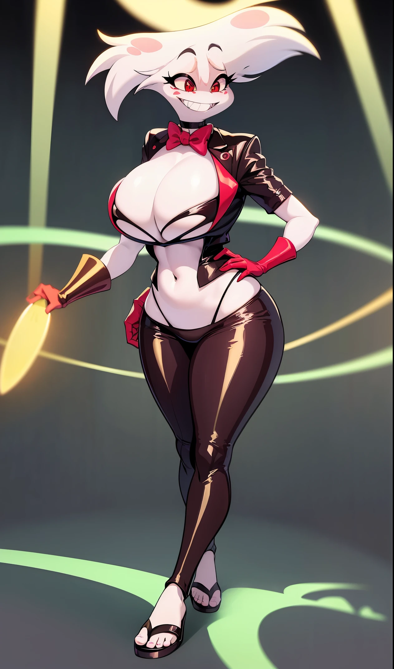 (best quality, masterpiece:1), furry, female, 1girl, anthro, angeldust, 4 arms, white cloths , thigh boots, gold tooth, huge chest tuft, choker, bowtie, , red gloves, grin, sharp teet , wide hips, *, pants, full, body, butler cloths, noble cloths,blending, reflection light, ray tracing, backlighting, bloom, blending, drop shadow, film grain, image fill, Fujicolor, halftone, motion lines, optical illusion, anaglyph, stereogram, speed lines, vignetting, scanlines, UHD, retina, masterpiece, ccurate, anatomically correct, textured skin, super detail, high details, high quality, award winning, best quality, highres, boots,refsheet, standing, full body, flipflops, pants, pantyhose, bodysuit,, thicc, curvy, huge breast, thick arms,pullover, sentai armor,
