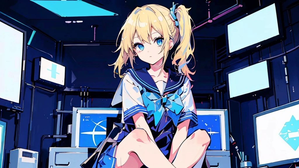 (face, 1 girl, blonde hair, side ponytail, blue eyes, sailor suit, kawaii, sitting cross-legged), (blue cyberpunk, room with big monitor)